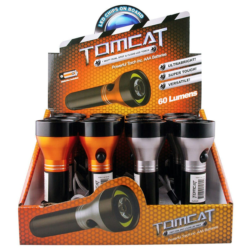 2x Tomcat 12.5cm Dual 1W Spot/Flood Light LED Torch 60 Lumens w/ Batteries Asst