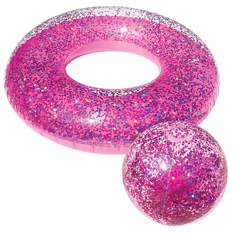 2pc Land & Sea Bling Inflatable Swimming Pool Ring/Ball Set Water Float Pink