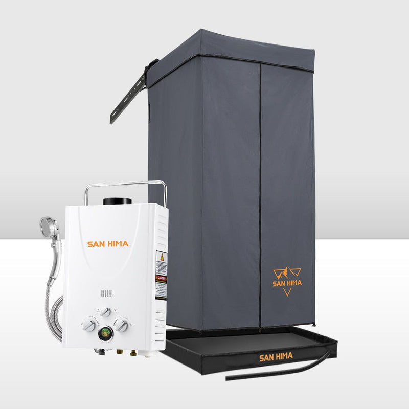 San Hima Shower Awning Instant Tent &Gas Hot Water Heater White&Shower Tent Base