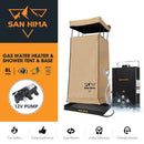 San Hima Camping Shower Tent Brown &Gas Hot Water Heater Black &Shower Tent Base