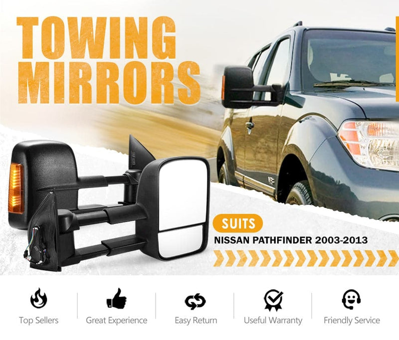 Pair Extendable Towing Mirrors for Nissan Pathfinder MY 2003-2013 Black