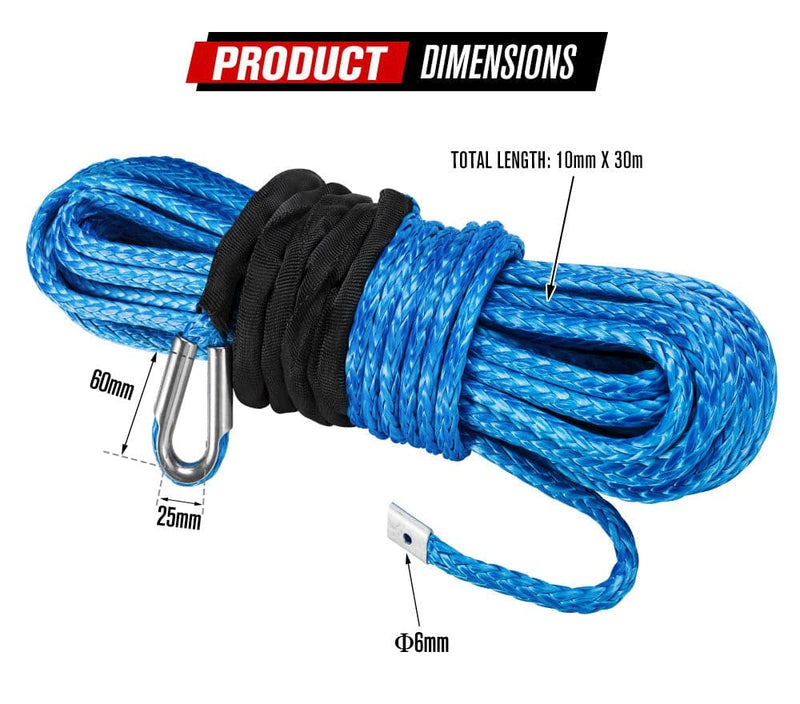 FIERYRED Winch Rope 10mm x 30m Synthetic Dyneema SK75 Tow Recovery Cable 4WD