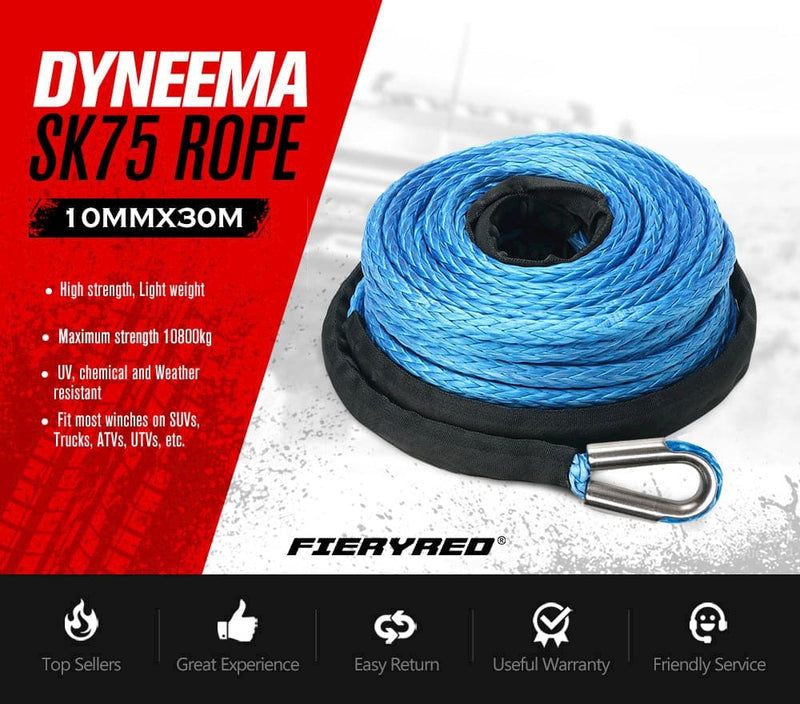 FIERYRED Winch Rope 10mm x 30m Synthetic Dyneema SK75 Tow Recovery Cable 4WD