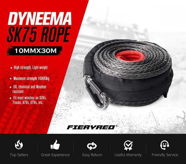FIERYRED Winch Rope 10mm x 30m Dyneema SK75 Synthetic Rope Tow Recovery Offroad 4x4