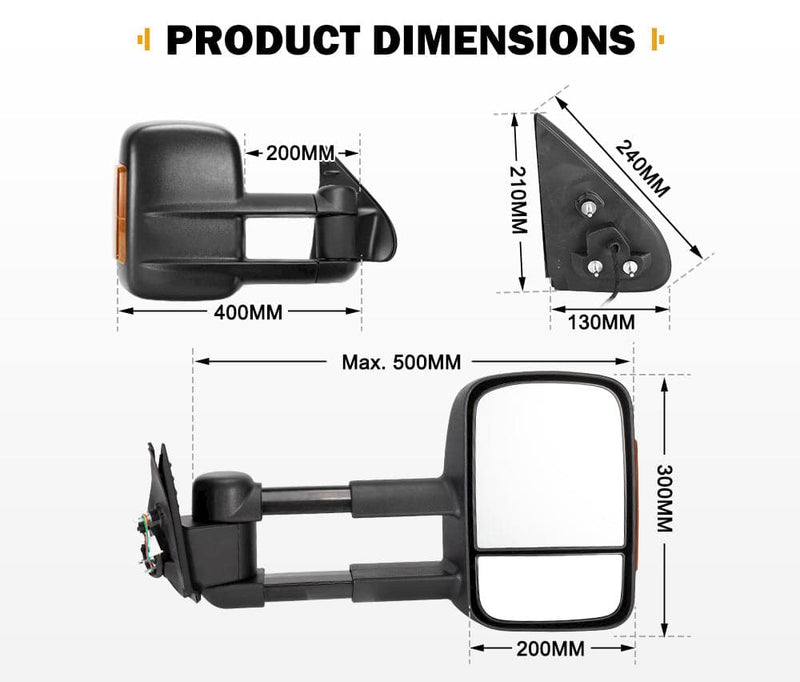 Pair Extendable Towing Mirrors for Toyota HILUX 2015-ON Black Pair