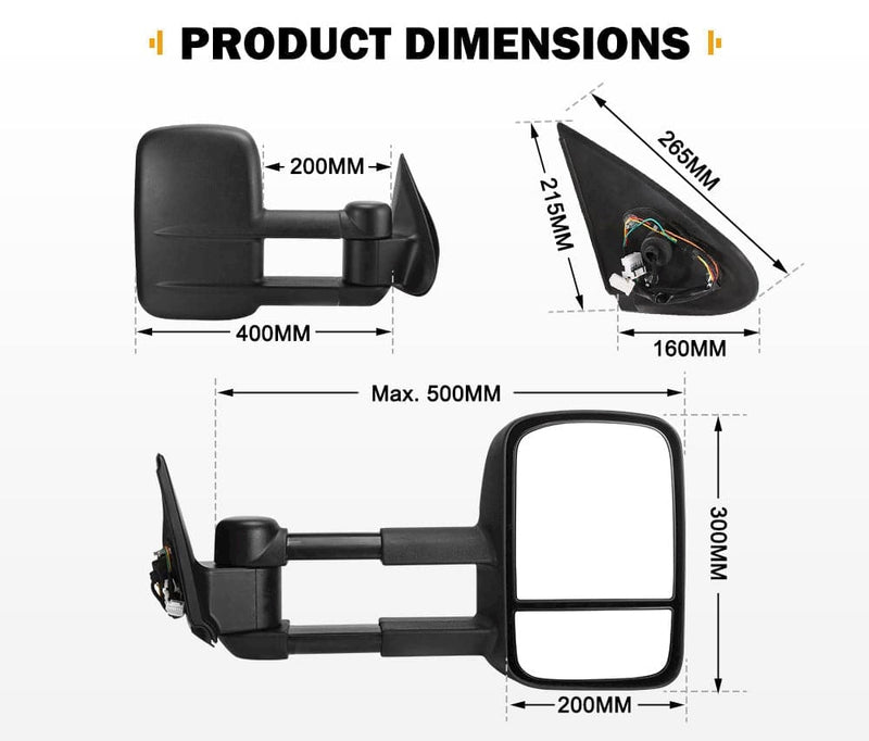 Pair Extendable Towing Mirrors for Mitsubishi Triton MQ/MR 2015 - ON Black
