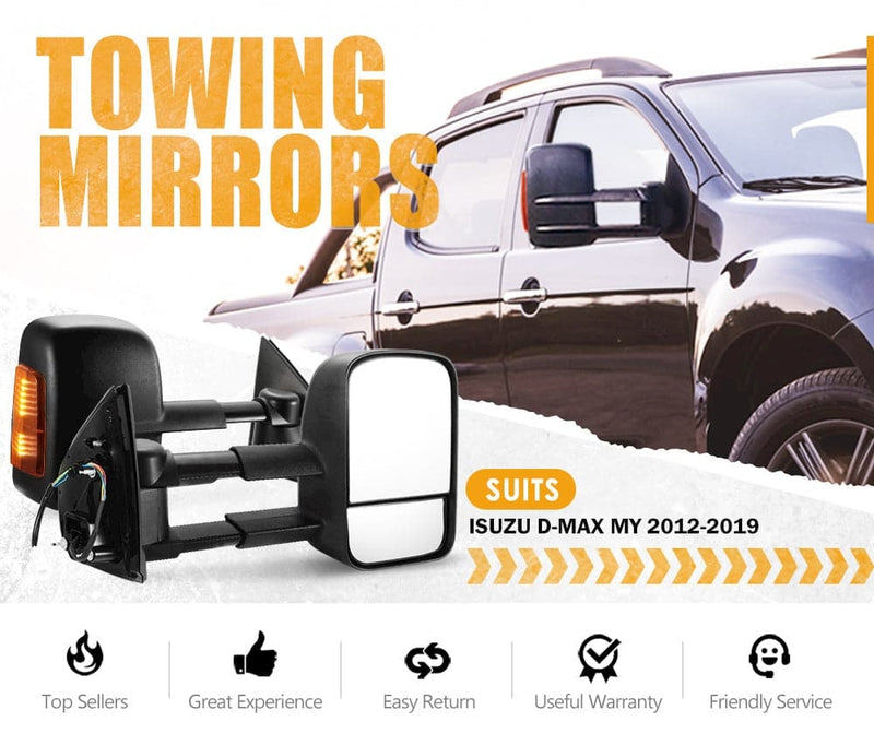 Pair Extendable Towing Mirrors for Isuzu D-MAX MY2012-MY2019 Black Pair