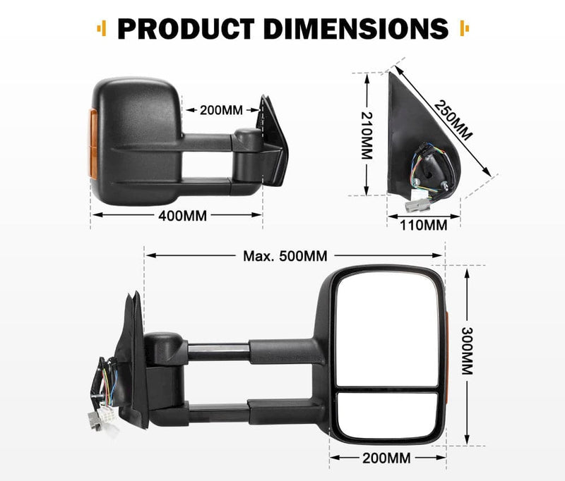 Pair Extendable Towing Mirrors for Isuzu D-MAX DMax 2007-2011 Black