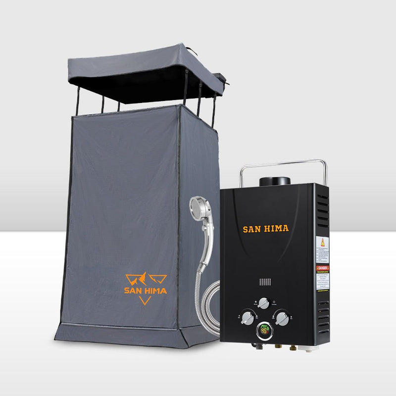 San Hima Camping Shower Tent Awning Fold-Out + Portable 8L Gas Hot