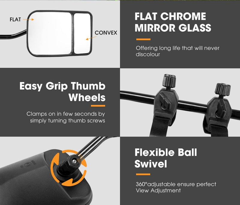 2x HMulti Fit Clamp On Towing Mirrors