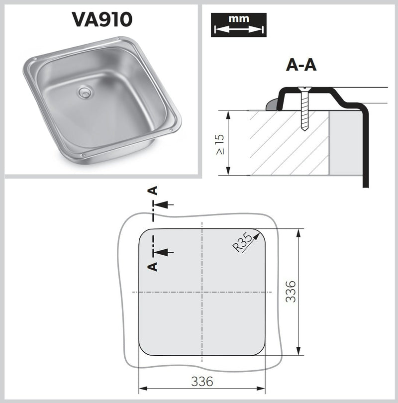 Dometic VA910 Square Sink, 370 x 370 mm
