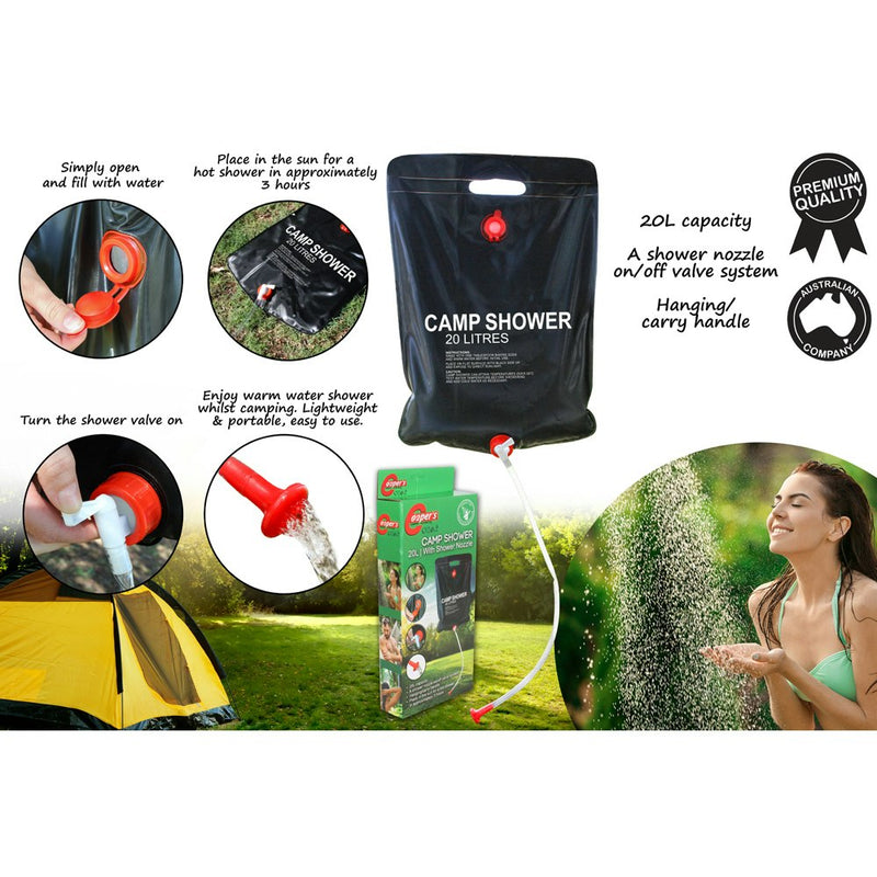 2x Wildtrak Portable 20L/31cm Solar Shower Outdoor Travel Camping/Hiking Black