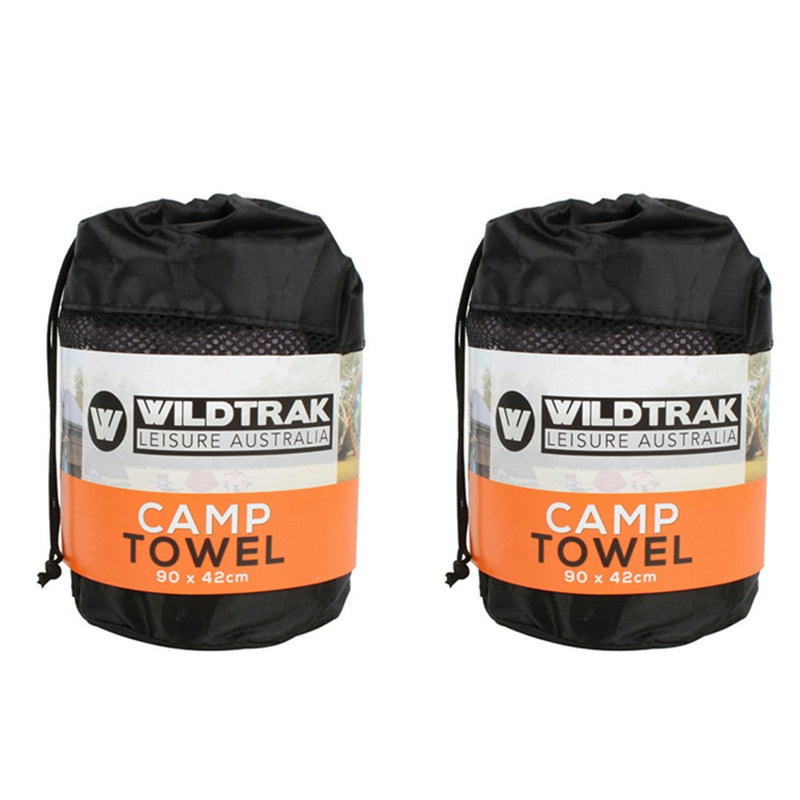 2x Wildtrak Quick Dry 90cm Camp Towel Rectangle w/Bag Outdoor Camping Small Grey