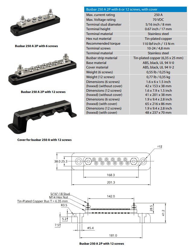 Victron Busbar 250A 2P/Terminals with 12 Screws & Cover