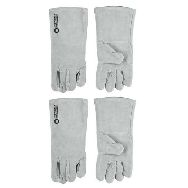 2x 2pc Wildtrak One Size Cotton/Leather Hand Glove Set Camping Protection Grey
