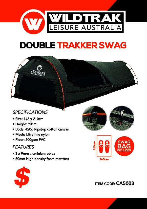 Wildtrak Double 210x145cm Trakker Swag Camping Tent w/ Canvas Bag Grey/Black