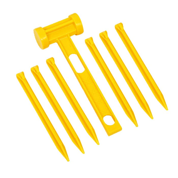 7pc Wildtrak Plastic Pegs & Double Headed Mallet Set For Camping Tent Yellow