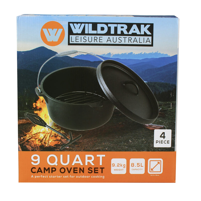 4pc Wildtrak 9qt/31.5cm Cast Iron Camp Oven Pot w/Lid Set Camping Cookware Black