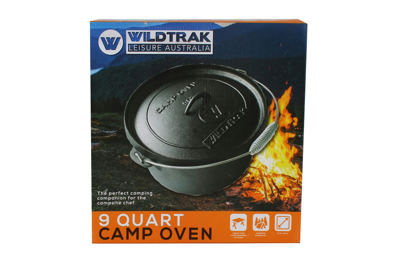 Wildtrak Round 9qt/31cm Cast Iron Camp Oven Pot Camping Outdoor Cookware Black