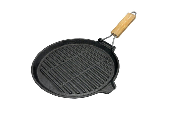 Wildtrak Round 24cm Grill Pan w/ Wood Handle/Pour Spout Camping Cookware Black
