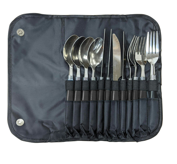 12pc Wildtrak Stainless Steel Outdoor Cutlery Set w/ Roll Up Travel Pouch Black