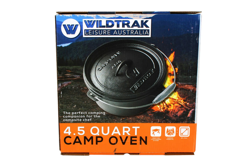 Wildtrak Round 4.5qt/25cm Cast Iron Camp Oven Pot Camping Outdoor Cookware Black