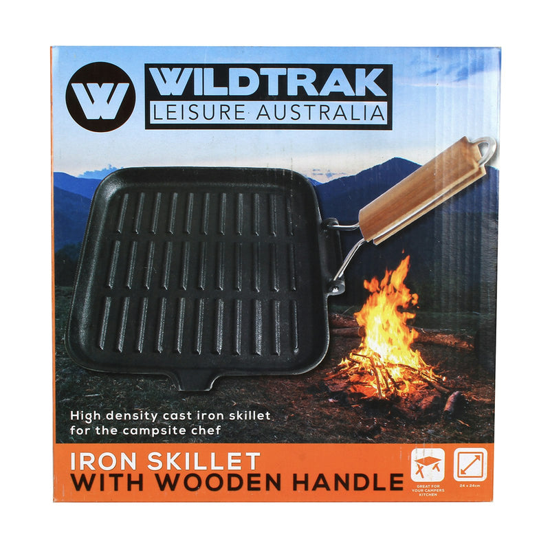 Wildtrak 24x24cm Cast Iron Griddle Pan w/ Wood Handle Camping Cookware Black