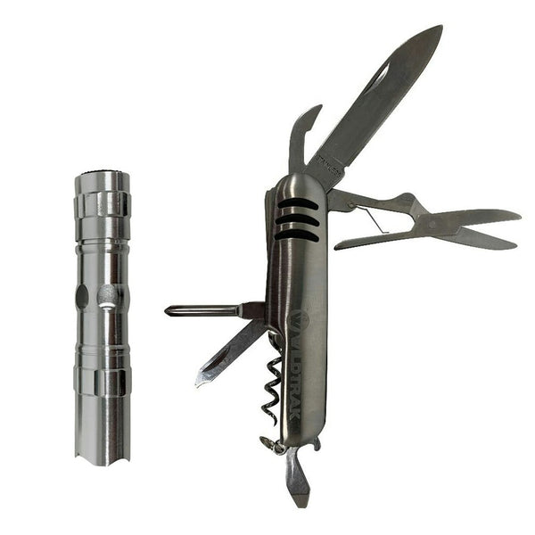 2pc Wildtrak 10-In-1 Multi-Function Tool/Torch Camping Pocket Knife SS Silver