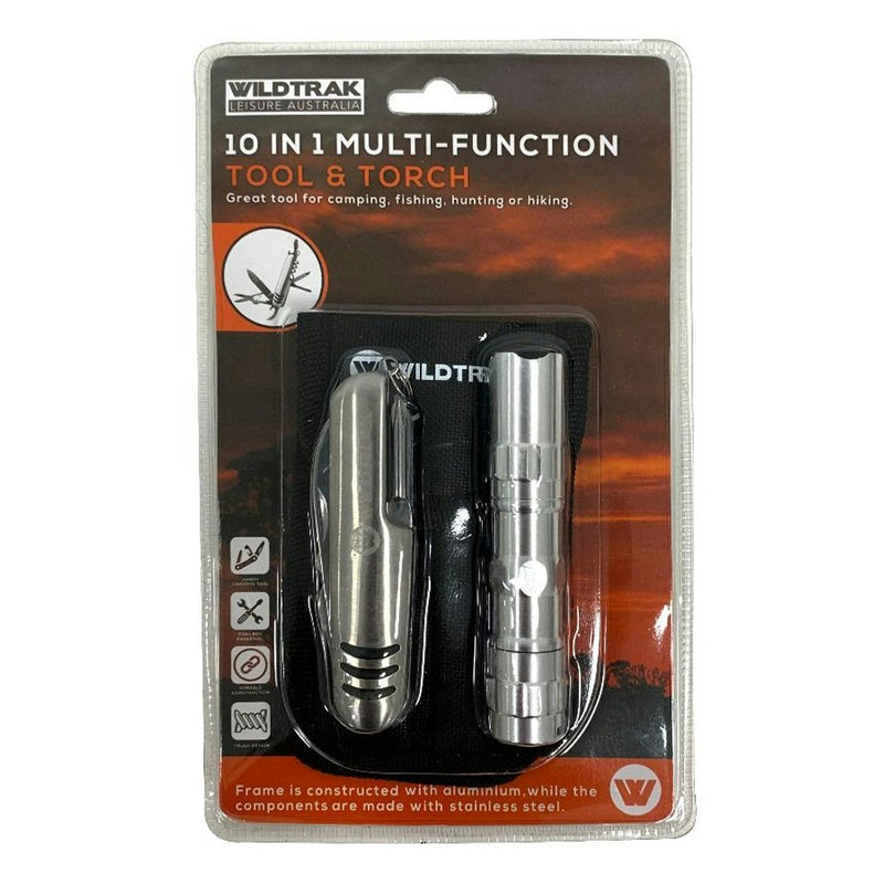 2pc Wildtrak 10-In-1 Multi-Function Tool/Torch Camping Pocket Knife SS Silver