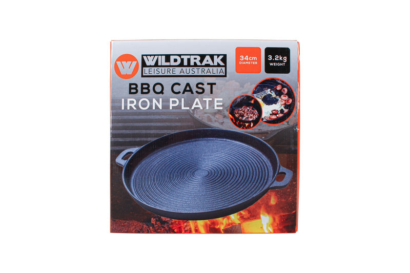 Wildtrak 34cm Round Ribbed BBQ Cast Iron Plate Outdoor Camping Cookware Black