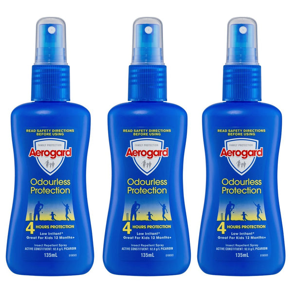 3x Aerogard 135ml Odourless Adult/Kids Insect Repellant Spray Pump 4h Protection