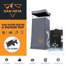 San Hima Camping Shower Tent Awning Fold-Out + Portable 8L Gas Hot