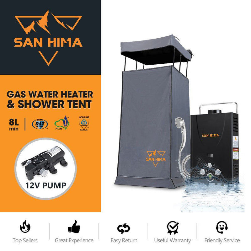 San Hima Camping Shower Tent Awning Fold-Out + Portable 8L Gas Hot