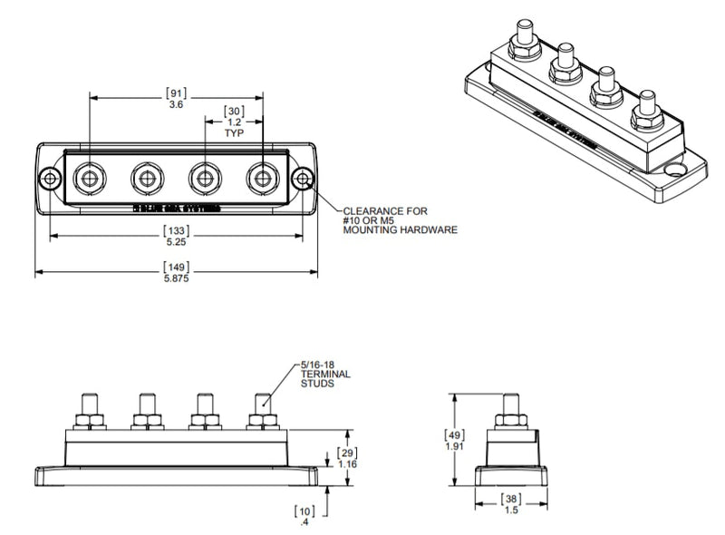 Blue Sea Busbar 250A 4P/Terminals - 5/16