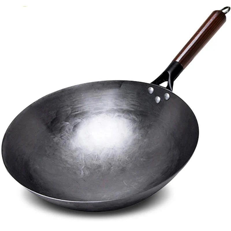 32cm Hand-Forged Iron Wok Pure Iron Non-Coated Stir Fry Pan Brown