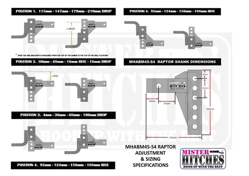 Mister Hitches Raptor 4.5T Super Duty Adjustable Ball Mount - Long Drop Shank