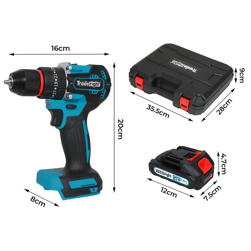 Traderight 96Pcs Cordless Brushless Impact Drill Driver 2x 2.0Ah Battery Set