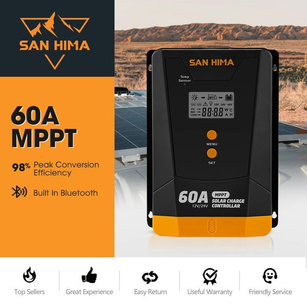 San Hima 60A MPPT Solar Charge Controller 12V 24V With Bluetooth LCD Display