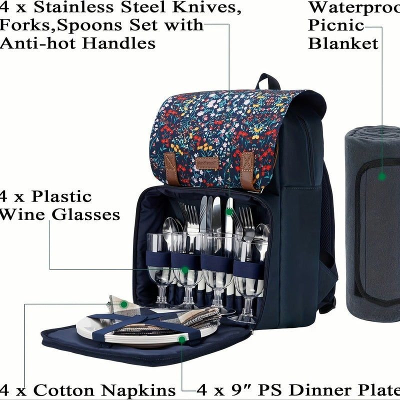 Insulated Picnic Backpack Set for 4 with Blanket