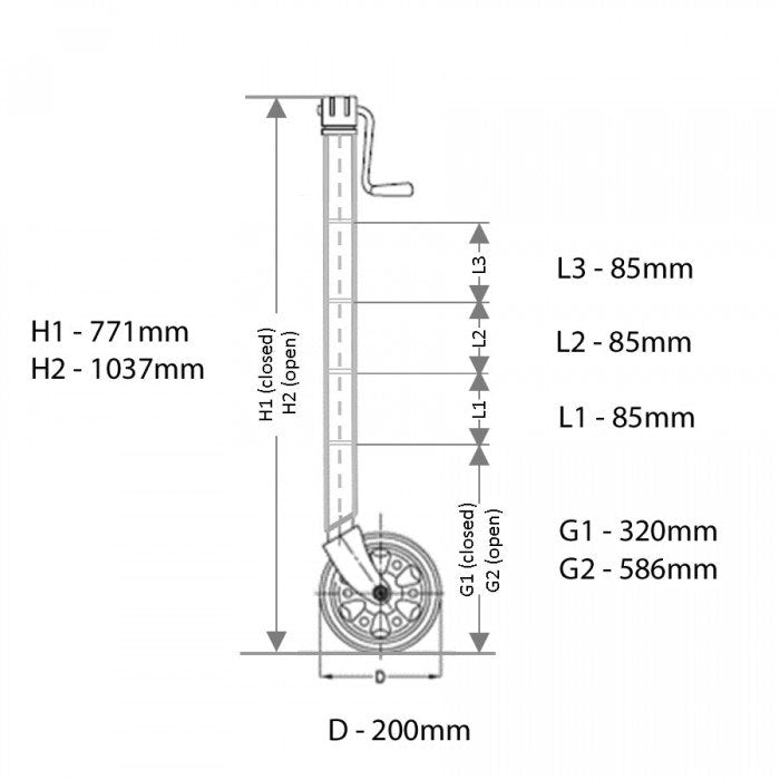 AL-KO 628500 Jockey Wheel, Side Wind 200mm (8") with Clamp, Zinc