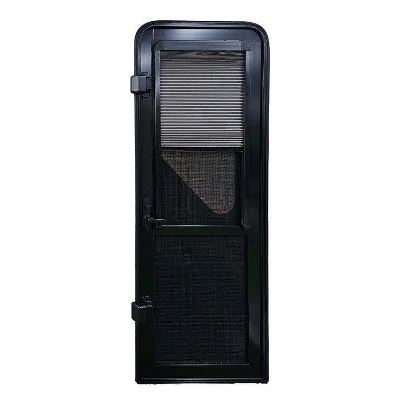 Aussie Traveller Caravan DC Door with Pleated Blind - RHH - Black - Round Top Corners - 1750 x 622mm