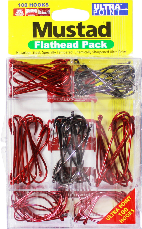 100 Pce Mustad Assorted Chemically Sharpened Flathead Hook Pack in Tackle Tray