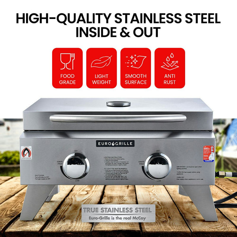 EUROGRILLE 2-Burner Stainless Steel Portable Gas BBQ Grill w/ 2 x Cast Iron Plates