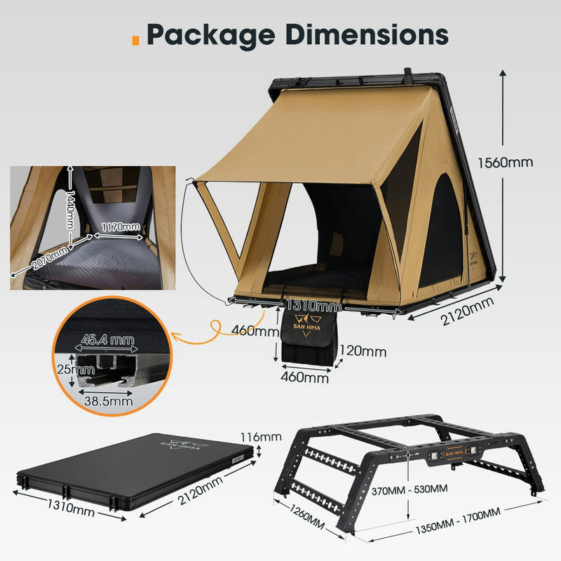 San Hima kalbarri Lite Rooftop Tent Hardshell Khaki + Universal Ute Tub Rack