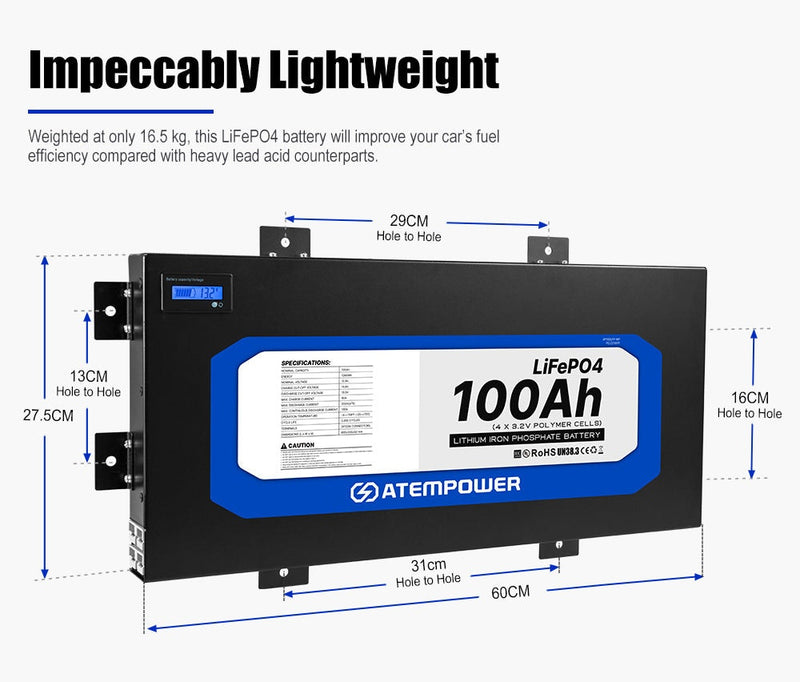 ATEMPOWER 100Ah 12V Slimline Lithium Battery LiFePO4 Deep Cycle Battery