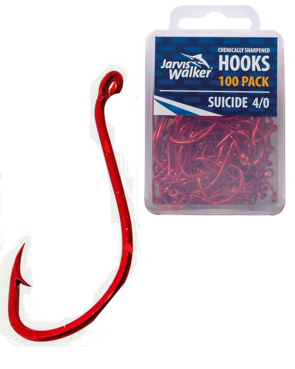 100 x Jarvis Walker Size 4/0 Suicide Octopus Hooks - Red Chemically Sharpened