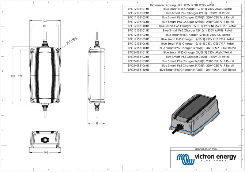 Victron 12V 15A Blue Smart IP65 12/15 AU/NZ Battery Charger