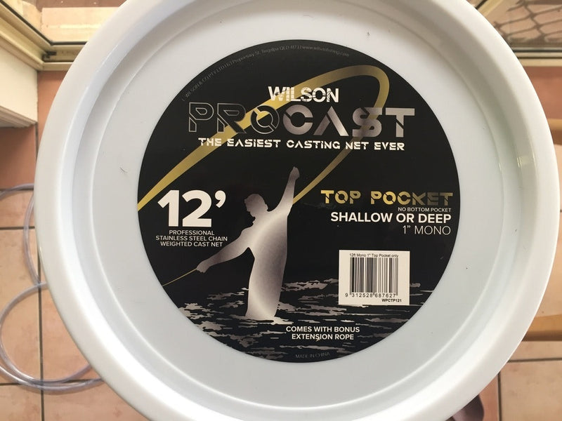 12ft Wilson Pro Cast Top Pocket Cast Net-Standard Mono Cast Net with 1 Inch Mesh