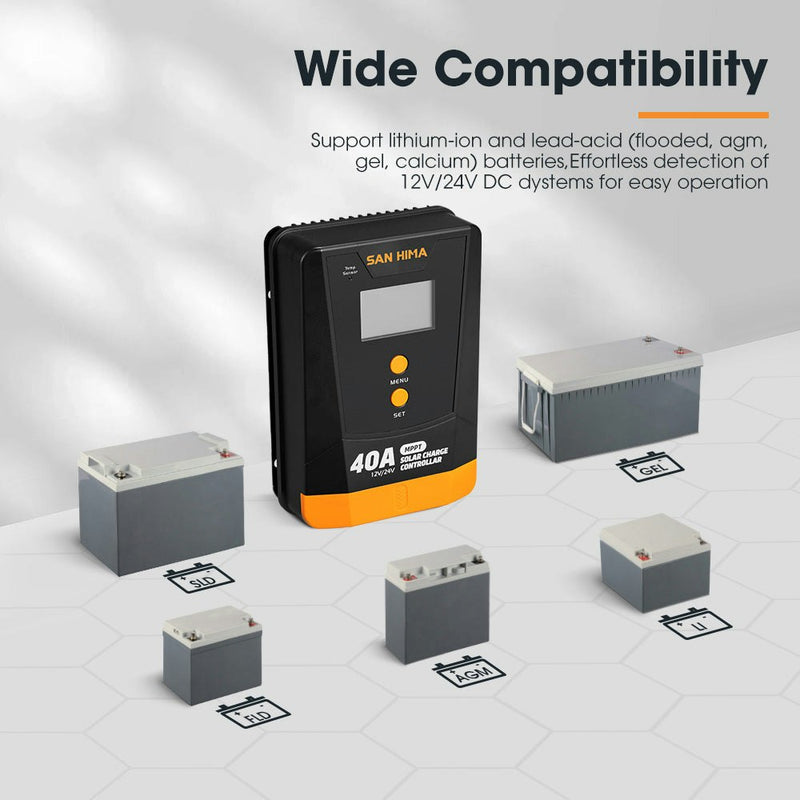 San Hima 40A MPPT Solar Charge Controller 12V 24V With Bluetooth LCD Display