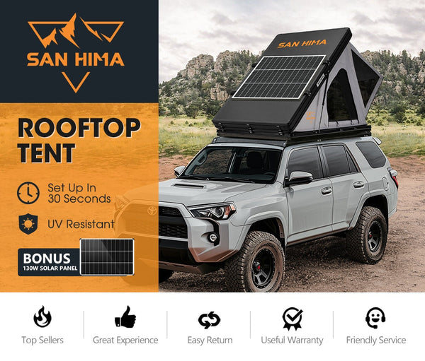 San Hima Kalbarri Roof Top Tent Hardshell With Roof Rack + 130W Solar Panel